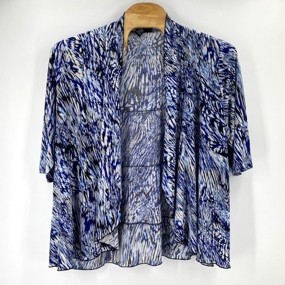 Maggie‎ Barnes Womens 2X 22/24W Blue White Abstract Print Open Front Cardigan